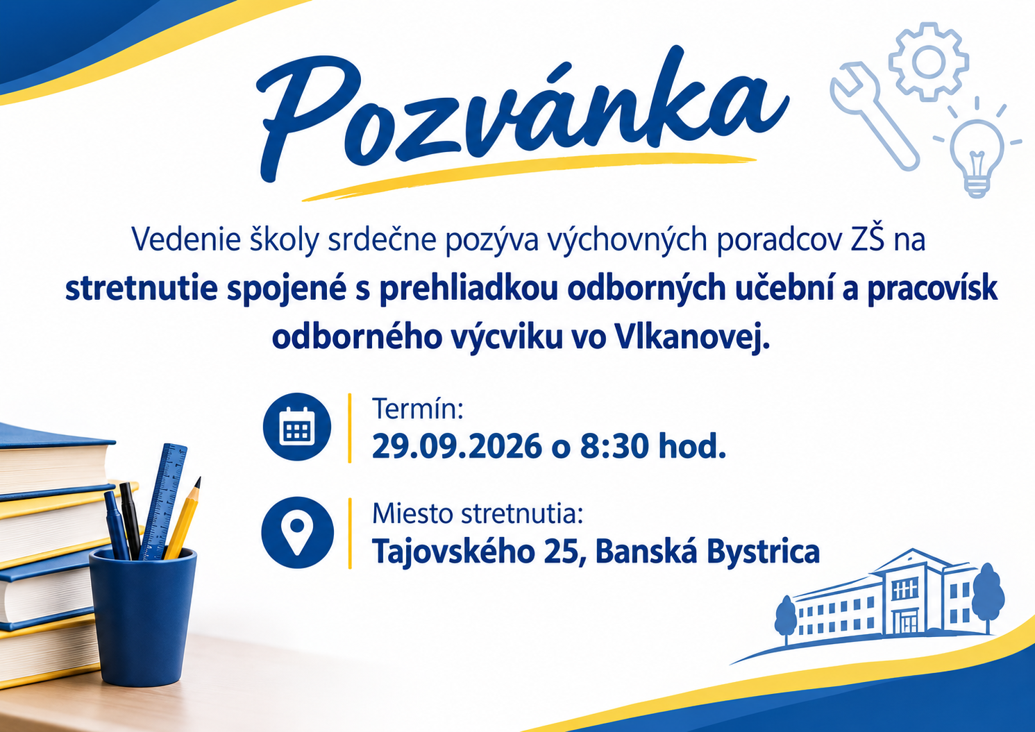 Pozv&aacute;nka na stretnutie v&yacute;chovn&yacute;ch poradcov Z&Scaron; &ndash; 29. 9. 2026